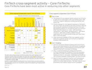 Payments 2
Banking & Lending 10
InvesTech 3
PropTech 4
8
InsurTech 2
7
2
RegTech
38
Core Enabling
CoreEnabling
Total FinTechs
1 2
6
5
7
1
1 8
Cooperation Independent expansion individual FinTechs1
1
2
2 6
2 1 2
1
2 3 4
Home
segment
6 37 4
7
1
68 8 10
4 9 9
2 3 4
1 5 6
7
5
1 2
2 3 3 34
1 2 1 2
Expansion
Segment
5
3
6 7
Fin. eMarketplaces
& Aggregators
Enabling Processes
& Technology
Financial Data
Analytics
Financing &
Funding
Fin.eMarketplaces
&Aggregators
EnablingProcesses
&Technology
FinancialData
Analytics
RegTech
Payments
Banking&Lending
InvesTech
PropTech
Financing&
Funding
InsurTech
FinTechs
1
8
1 2
Core  Core
 The hotspot of cross-segment activity among Core FinTechs
to date has occured largely in the core banking space, with
FinTechs in segment Banking & Lending playing the most
active role.
 A prime example of cross-segment expansion in this field is
the case of N26. By partnering with other FinTechs, N26 has
been gradually expanding its product portfolio from pure-
play banking products (i.e. accounts & cards) to an array of
other financial products (i.e. loans – with Auxmoney,
roboadvisory – with Vaamo, savings products – with Raisin,
insurance – with Clark), building a digital financial
supermarket for its clients along the way (see ‘Case Study –
N26’ on the next page).
 Other prominent examples of the cross-segment activity
within this quadrant include such FinTechs as Kapilendo,
Kreditech, Moneymeets etc.
FinTech cross-segment activity – Core FinTechs
Core FinTechs have been most active in venturing into other segments
I
II Core  Enabling
 Here the interaction between Enabling and Core FinTechs
has occured predominantly at the intersection of segments
Banking & Lending, Funding & Raising and PropTech with
segment Enabling Processing & Technology.
 Thus, in segments Banking & Lending and Payments
FinTechs cooperate with Enabling FinTechs by leveraging
their APIs to provide customers integrated and seamless
banking services (i.e. accounts). SolarisBank and finAPI are
one of several examples of API-providers for Core FinTechs.
 Many FinTechs in segments PropTech and Fundraising &
Financing in Germany outsource the operation of their
platforms to white-label providers. The latter features most
prominently the Frankfurt-based FinTech Crowddesk.
Cross-segment (co)operation: Core FinTechs
Direction of FinTech cross-segment activity
Page 21
Source: EY
Cross-segment (co)operation matrix: Core FinTechs
The matrix above shows expansion of FinTechs outside of their ‘home segment’ (listed
vertically on the left side) to other segments (movement from left to right along the
‘expansion segments’ listed horizontally). The boxes with numbers at the intersections of
segments refer to individual FinTechs active within those segments. The color of the box
indicates either expansion into other segments through cooperation with other FinTechs ( )
or independent expansion ( )
Example: in segment Banking & Lending there are 10 FinTechs which are active outside of
their core market. FinTech no. 4, for instance, is also active in segments Financing & Funding
via independent expansion and in Enabling Processes & Technology through cooperation with
another FinTech.
2
2
2
 