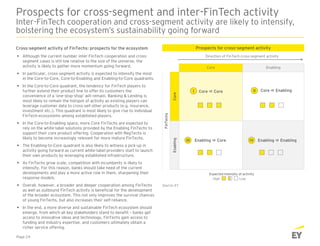 Prospects for cross-segment and inter-FinTech activity
Inter-FinTech cooperation and cross-segment activity are likely to intensify,
bolstering the ecosystem’s sustainability going forward
Cross-segment activity of FinTechs: prospects for the ecosystem Prospects for cross-segment activity
Source: EY
Core Enabling
FinTechs
CoreEnabling
I II
III IV
Core  Core Core  Enabling
Enabling  Core Enabling  Enabling
 Although the current number inter-FinTech cooperation and cross-
segment cases is still low relative to the size of the universe, the
activity is likely to gather more momentum going forward.
 In particular, cross-segment activity is expected to intensify the most
in the Core-to-Core, Core-to-Enabling and Enabling-to-Core quadrants.
 In the Core-to-Core quadrant, the tendency for FinTech players to
further extend their product line to offer its customers the
convenience of a ‘one-stop-shop’ will remain. Banking & Lending is
most likely to remain the hotspot of activity as existing players can
leverage customer data to cross-sell other products (e.g. insurance,
investment etc.). This quadrant is most likely to give rise to individual
FinTech-ecosystems among established players.
 In the Core-to-Enabling space, more Core FinTechs are expected to
rely on the white-label solutions provided by the Enabling FinTechs to
support their core product offering. Cooperation with RegTechs is
likely to become increasingly relevant for more mature FinTechs.
 The Enabling-to-Core quadrant is also likely to witness a pick-up in
activity going forward as current white-label providers start to launch
their own products by leveraging established infrastructure.
 As FinTechs grow scale, competition with incumbents is likely to
intensify. For this reason, banks should take heed of the current
developments and play a more active role in them, sharpening their
response models.
 Overall, however, a broader and deeper cooperation among FinTechs
as well as outbound FinTech activity is beneficial for the development
of the broader ecosystem. This not only improves the survival chances
of young FinTechs, but also increases their self-reliance.
 In the end, a more diverse and sustainable FinTech ecosystem should
emerge, from which all key stakeholders stand to benefit – banks get
access to innovative ideas and technology, FinTechs gain access to
funding and industry expertise, and customers ultimately obtain a
richer service offering.
Page 24
Direction of FinTech cross-segment activity
Expected intensity of activity
High Low
 