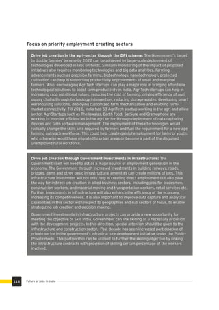 Focus on priority employment creating sectors
Drive job creation in the agri-sector through the DFI scheme: The Government’s target
to double farmers’ income by 2022 can be achieved by large-scale deployment of
technologies developed in labs on ﬁelds. Similarly monitoring of the impact of proposed
initiatives also requires monitoring technologies and big data analytics. Farming
advancements such as precision farming, biotechnology, nanotechnology, protected
cultivation can help in supporting productivity improvements of small and marginal
farmers. Also, encouraging AgriTech startups can play a major role in bringing affordable
technological solutions to boost farm productivity in India. AgriTech startups can help in
increasing crop nutritional values, reducing the cost of farming, driving efﬁciency of agri
supply chains through technology intervention, reducing storage wastes, developing smart
warehousing solutions, deploying customized farm mechanization and enabling farm-
market connectivity. Till 2016, India had 53 AgriTech startup working in the agri and allied
sector. AgriStartups such as Thellawalas, Earth Food, SatSure and Gramophone are
working to improve efﬁciencies in the agri sector through deployment of data capturing
devices and farm software management. The deployment of these technologies would
radically change the skills sets required by farmers and fuel the requirement for a new age
farming outreach workforce. This could help create gainful employment for lakhs of youth,
who otherwise would have migrated to urban areas or become a part of the disguised
unemployed rural workforce.
Future of jobs in India118
Drive job creation through Government investments in infrastructure: The
Government itself will need to act as a major source of employment generation in the
economy. The Government through increased investments in building railways, roads,
bridges, dams and other basic infrastructural amenities can create millions of jobs. This
infrastructure investment will not only help in creating direct employment but also pave
the way for indirect job creation in allied business sectors, including jobs for tradesmen,
construction workers, and material moving and transportation workers, retail services etc.
Further, investments in infrastructure will also enhance the efﬁciency of the economy,
increasing its competitiveness. It is also important to improve data capture and analytical
capabilities in this sector with respect to geographies and sub sectors of focus, to enable
strategizing job creation and decision making.
Government investments in infrastructure projects can provide a new opportunity for
meeting the objective of Skill India. Government can link skilling as a necessary provision
with the development projects. In this direction, special attention should be given to the
infrastructure and construction sector. Past decade has seen increased participation of
private sector in the government’s infrastructure development initiative under the Public-
Private mode. This partnership can be utilised to further the skilling objective by linking
the infrastructure contracts with provision of skilling certain percentage of the workers
involved.
 