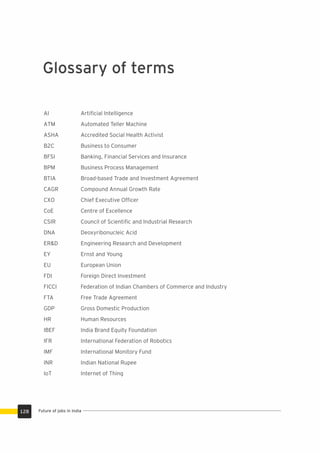Glossary of terms
AI Artiﬁcial Intelligence
ATM Automated Teller Machine
ASHA Accredited Social Health Activist
B2C Business to Consumer
BFSI Banking, Financial Services and Insurance
BPM Business Process Management
BTIA Broad-based Trade and Investment Agreement
CAGR Compound Annual Growth Rate
CXO Chief Executive Ofﬁcer
CoE Centre of Excellence
CSIR Council of Scientiﬁc and Industrial Research
DNA Deoxyribonucleic Acid
ER&D Engineering Research and Development
EY Ernst and Young
EU European Union
FDI Foreign Direct Investment
FICCI Federation of Indian Chambers of Commerce and Industry
FTA Free Trade Agreement
GDP Gross Domestic Production
HR Human Resources
IBEF India Brand Equity Foundation
IFR International Federation of Robotics
IMF International Monitory Fund
INR Indian National Rupee
IoT Internet of Thing
Future of jobs in India128
 