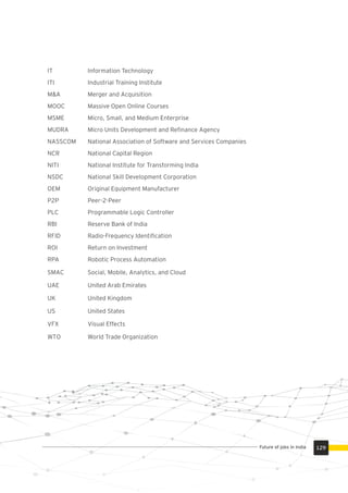 IT Information Technology
ITI Industrial Training Institute
M&A Merger and Acquisition
MOOC Massive Open Online Courses
MSME Micro, Small, and Medium Enterprise
MUDRA Micro Units Development and Reﬁnance Agency
NASSCOM National Association of Software and Services Companies
NCR National Capital Region
NITI National Institute for Transforming India
NSDC National Skill Development Corporation
OEM Original Equipment Manufacturer
P2P Peer-2-Peer
PLC Programmable Logic Controller
RBI Reserve Bank of India
RFID Radio-Frequency Identiﬁcation
ROI Return on Investment
RPA Robotic Process Automation
SMAC Social, Mobile, Analytics, and Cloud
UAE United Arab Emirates
UK United Kingdom
US United States
VFX Visual Effects
WTO World Trade Organization
129Future of jobs in India
 