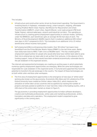 This includes:
Infrastructure and construction sector driven by Government spending: The Government is
investing heavily in highways, renewable energy, urban transport, shipping, affordable
housing (Pradhan Mantri Awas Yojana), Atal Mission for Rejuvenation and Urban
Transformation (AMRUT), smart cities, Swachh Bharat, rural roads program (PM Gram
Sadak Yojana), national waterways, airports and industrial corridors. This spending on
infrastructure is creating gainful employment opportunities in contract modes. Similarly,
under the MNREGA, each beneﬁciary gets an average 46-50 man days of work. The
5
Ministry of Rural Development (MoRD) reports that it created an additional 690 million
man days in 2017 compared to 2015. This translates to an additional 14 to 15 million
5
beneﬁciaries whose incomes have grown .
6
Self-employment/Micro-entrepreneurship models: Over 90 million borrowers have
beneﬁtted from the Prime Minister Mudra Yojana (PMMY) in the last three years. Banks
6
have disbursed close to INR3.7 lakh crore as MUDRA loans . This has created gainful
employment opportunities for people who would otherwise have neither been able to grow
their micro enterprises nor been able to set up their ﬁrst ventures. In the absence of this
funding support, many of them would have been rendered economically vulnerable due to
the job slowdown in the organized sectors.
The internet and exponential technologies are creating an exciting space in which potentially
numerous gainful employment opportunities are emerging. While the same technologies are
responsible for a job slowdown in the organized sector, if nurtured and supported they have the
potential to transform the job landscape in the country. The impact of these technologies are
on both white collar and blue collar workspace.
The ﬁrst area of employment opportunities is the emergence of new ways of ‘white-collar’
working also known as the gig economy. Economists Otto Kässi and Vili Lehdonvirta of the
Oxford University have created an Online Labour Index (OLI), which measures the
utilization of online labor across countries and occupations by tracking the number of
projects and tasks posted on platforms in near-real time. India is the leading country, with a
24% share of the online labor market as shown in Figure 5.
The gig economy is providing employment opportunities to Indian software developers,
creative and multimedia professionals, online sales and marketing professionals, writers,
translators and data entry operators. This employment model is expected to grow
signiﬁcantly in the coming years.
19Future of jobs in India
 
