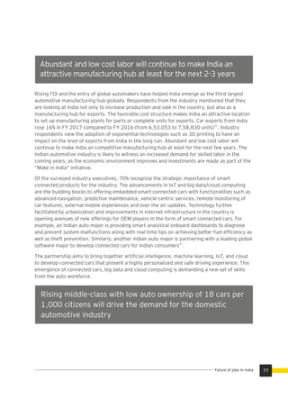 Abundant and low cost labor will continue to make India an
attractive manufacturing hub at least for the next 2-3 years
Rising middle-class with low auto ownership of 18 cars per
1,000 citizens will drive the demand for the domestic
automotive industry
Rising FDI and the entry of global automakers have helped India emerge as the third largest
automotive manufacturing hub globally. Respondents from the industry mentioned that they
are looking at India not only to increase production and sale in the country, but also as a
manufacturing hub for exports. The favorable cost structure makes India an attractive location
to set up manufacturing plants for parts or complete units for exports. Car exports from India
41
rose 16% in FY 2017 compared to FY 2016 (from 6,53,053 to 7,58,830 units) . Industry
respondents view the adoption of exponential technologies such as 3D printing to have an
impact on the level of exports from India in the long run. Abundant and low cost labor will
continue to make India an competitive manufacturing hub at least for the next few years. The
Indian automotive industry is likely to witness an increased demand for skilled labor in the
coming years, as the economic environment improves and investments are made as part of the
“Make in India” initiative.
Of the surveyed industry executives, 70% recognize the strategic importance of smart
connected products for the industry. The advancements in IoT and big data/cloud computing
are the building blocks to offering embedded smart connected cars with functionalities such as
advanced navigation, predictive maintenance, vehicle-centric services, remote monitoring of
car features, external mobile experiences and over the air updates. Technology further
facilitated by urbanization and improvements in Internet infrastructure in the country is
opening avenues of new offerings for OEM players in the form of smart connected cars. For
example, an Indian auto major is providing smart analytical onboard dashboards to diagnose
and prevent system malfunctions along with real-time tips on achieving better fuel efﬁciency as
well as theft prevention. Similarly, another Indian auto major is partnering with a leading global
42
software major to develop connected cars for Indian consumers .
The partnership aims to bring together artiﬁcial intelligence, machine learning, IoT, and cloud
to develop connected cars that present a highly personalized and safe driving experience. This
emergence of connected cars, big data and cloud computing is demanding a new set of skills
from the auto workforce.
77Future of jobs in India
 