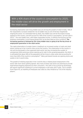 The Automotive Sector will continue to hire at a rate of
2-2.5% Year-on-Year to reach 14.3 million….in 2022.
60-65% of the jobs in 2022 would require new Skill-
With a 40% share of the country’s consumption by 2025,
the middle-class will drive the growth and employment in
the retail sector
Increasing urbanization and rising middle-class are driving the growth of retail in India. 76% of
the respondents surveyed viewed the rise of middle-class as one of the key megatrends
shaping the sector. It is estimated that by 2025, the middle-class will be the largest income
segment in the country, and will account for 40% of the country’s consumption, up from 26% in
49
2015 . The new middle-class, with higher disposable income, is shifting from buying just the
essential commodities, to purchasing goods that can be described as luxury products. The
increasing quantum of demand by the rising middle-class is going to be the key driver of
employment generation in the retail sector.
The rapid urbanization of smaller towns is leading to an increased number of malls and retail
stores coming-up in tier II and III cities across the country. The urbanization in the country is
not just driving growth in the organized retail sector, but also increasing the number of
unorganized retail and kirana stores opening up to cater to this growing population. By 2025, it
is estimated that about 40% of the population will be living in urban areas and accounting for
49
more than 60% of the country’s consumption . Many permanent brands are opening stores and
outlets in tier II and III cities.
This growth of retailing especially in tier II and III cities is helping boost employment in the
sector with more stores getting opened. Also many of these new stores are planning to provide
experiential shopping experience to their consumers. This shift in focus driven by technology
will require signiﬁcant reskilling of current employees in soft skills and IT skills. This is evident
from Figure 43, as reskilling of employees was rated as a key initiative by 71% of the industry
players.
Future of jobs in India88
 