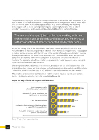 Companies adopting highly optimized supply chain products will require their employees to be
able to adapt to the new technologies. Some job roles will be merged to be able to better work
with the robots. Some manual and repetitive tasks may be threatened by the incoming
technologies such as those working in sorting and organizing functions. A lot of jobs in
inventory management and logistics will be automated to achieve higher efﬁciency.
As per our survey, 52% of the respondents view smart connected products/services as a
megatrend that is materializing as Indian retailers adopt them in their operations. This adoption
is further getting propelled with the increase in the number of smartphones. Retailers can now
leverage the data collected online to better understand customer needs. Many leading retail
companies are working with FinTech companies that provides self-checkout software to
retailers. The apps also allow these retailers to engage with regular customers, and track and
understand customer purchase behavior.
With the growth of smart connected experiences, the sector will see an increase in new and
changed jobs that include working with new technologies such as data analytics and blockchain.
Jobs will increase for proﬁles such as IoT architects, system integrators and data analysts.
The adoption of exponential technologies is visible; however industry experts view certain
barriers limiting the adoption to its full potential in Figure 45:
The new and changed jobs that include working with new
technologies such as big data and blockchain, will increase
with introduction of smart connected products/services
Figure 45: Key barriers for adoption of automation
Source: EY future of jobs respondent analysis
Availability of talent to enable technology
(design and implement)
Availability of infrastructure (like internet etc.)
to support technology adoption
% ROI due to automation
Labor cost v/s cost of installation and
maintenance of technology
Awareness/planning for
potential changes/requirements
38%
43%
52%
67%
71%
Future of jobs in India90
 