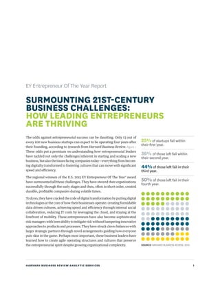 HARVARD BUSINESS REVIEW ANALYTIC SERVICES 1
EY Entrepreneur Of The Year Report
SURMOUNTING 21ST-CENTURY
BUSINESS CHALLENGES:
HOW LEADING ENTREPRENEURS
ARE THRIVING
The odds against entrepreneurial success can be daunting. Only 13 out of
every 100 new business startups can expect to be operating four years after
their founding, according to research from Harvard Business Review. figure 1
These odds put a premium on understanding how entrepreneurial leaders
have tackled not only the challenges inherent in starting and scaling a new
business, but also the issues facing companies today—everything from becom-
ing digitally transformed to fostering cultures that can move with significant
speed and efficiency.
The regional winners of the U.S. 2015 EY Entrepreneur Of The Year®
award
have surmounted all these challenges. They have steered their organizations
successfully through the early stages and then, often in short order, created
durable, profitable companies during volatile times.
To do so, they have cracked the code of digital transformation by putting digital
technologies at the core of how their businesses operate: creating formidable
data-driven cultures, achieving speed and efficiency through internal social
collaboration, reducing IT costs by leveraging the cloud, and staying at the
forefront of mobility. These entrepreneurs have also become sophisticated
risk managers with keen ability to mitigate risk without hampering innovative
approaches to products and processes. They have struck clever balances with
larger strategic partners through novel arrangements guiding how everyone
puts skin in the game. Perhaps most important, these business leaders have
learned how to create agile operating structures and cultures that preserve
the entrepreneurial spirit despite growing organizational complexity.
25%of startups fail within
their first year.
36% of those left fail within
their second year.
44%of those left fail in their
third year.
50% of those left fail in their
fourth year.
SOURCE HARVARD BUSINESS REVIEW, 2013
 