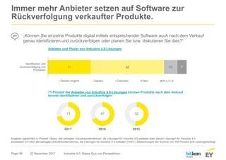 Page 38
Immer mehr Anbieter setzen auf Software zur
Rückverfolgung verkaufter Produkte.
22 November 2017 Industrie 4.0: Status Quo und Perspektiven
Angaben (gewichtet) in Prozent | Basis: alle befragten Industrieunternehmen, die Lösungen für Industrie 4.0 anbieten oder planen Lösungen für Industrie 4.0
anzubieten (n=140)/ alle befragten Industrieunternehmen, die Lösungen für Industrie 4.0 anbieten (n=61) | Abweichungen der Summe von 100 Prozent sind rundungsbedingt.
„Können Sie einzelne Produkte digital mittels entsprechender Software auch nach dem Verkauf
genau identifizieren und zurückverfolgen oder planen Sie bzw. diskutieren Sie dies?“
31 52 10 7
Identifikation und
Zurückverfolgung von
Produkten
Bereits möglich Geplant Diskutiert Nein W.n./ k.A.
71 Prozent der Anbieter von Industrie 4.0-Lösungen können Produkte nach dem Verkauf
bereits identifizieren und zurückverfolgen
71 67 52
2017 2016 2015
Anbieter und Planer von Industrie 4.0-Lösungen
 
