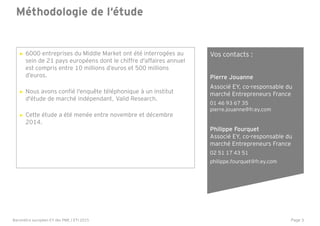 Page 3
Méthodologie de l‘étude
► 6000 entreprises du Middle Market ont été interrogées au
sein de 21 pays européens dont le chiffre d'affaires annuel
est compris entre 10 millions d’euros et 500 millions
d’euros.
► Nous avons confié l'enquête téléphonique à un institut
d'étude de marché indépendant, Valid Research.
► Cette étude a été menée entre novembre et décembre
2014.
Vos contacts :
Pierre Jouanne
Associé EY, co-responsable du
marché Entrepreneurs France
01 46 93 67 35
pierre.jouanne@fr.ey.com
Philippe Fourquet
Associé EY, co-responsable du
marché Entrepreneurs France
02 51 17 43 51
philippe.fourquet@fr.ey.com
Baromètre européen EY des PME / ETI 2015
 