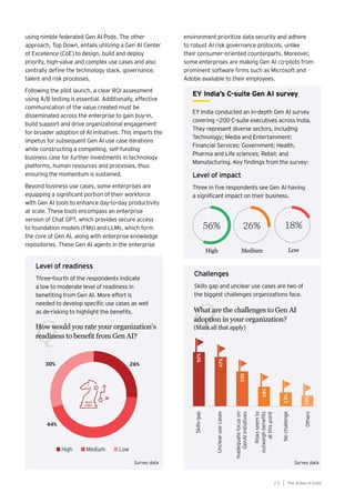 using nimble federated Gen AI Pods. The other
approach, Top Down, entails utilizing a Gen AI Center
of Excellence (CoE) to design, build and deploy
priority, high-value and complex use cases and also
centrally define the technology stack, governance,
talent and risk processes.
Following the pilot launch, a clear ROI assessment
using A/B testing is essential. Additionally, effective
communication of the value created must be
disseminated across the enterprise to gain buy-in,
build support and drive organizational engagement
for broader adoption of AI initiatives. This imparts the
impetus for subsequent Gen AI use case iterations
while constructing a compelling, self-funding
business case for further investments in technology
platforms, human resources and processes, thus
ensuring the momentum is sustained.
Beyond business use cases, some enterprises are
equipping a significant portion of their workforce
with Gen AI tools to enhance day-to-day productivity
at scale. These tools encompass an enterprise
version of Chat GPT, which provides secure access
to foundation models (FMs) and LLMs, which form
the core of Gen AI, along with enterprise knowledge
repositories. These Gen AI agents in the enterprise
The AIdea of India
2 5
EY India’s C-suite Gen AI survey
High
56%
Medium
26%
Low
18%
EY India conducted an in-depth Gen AI survey
covering ~200 C-suite executives across India.
They represent diverse sectors, including
Technology; Media and Entertainment;
Financial Services; Government; Health,
Pharma and Life sciences; Retail; and
Manufacturing. Key findings from the survey:
Level of impact
Three in five respondents see Gen AI having
a significant impact on their business.
What are the challenges to Gen AI
adoption in your organization?
(Mark all that apply)
Q
Challenges
Skills gap and unclear use cases are two of
the biggest challenges organizations face.
How would you rate your organization’s
readiness to benefit from Gen AI?
Q
Level of readiness
Three-fourth of the respondents indicate
a low to moderate level of readiness in
benefiting from Gen AI. More effort is
needed to develop specific use cases as well
as de-risking to highlight the benefits.
environment prioritize data security and adhere
to robust AI risk governance protocols, unlike
their consumer-oriented counterparts. Moreover,
some enterprises are making Gen AI co-pilots from
prominent software firms such as Microsoft and
Adobe available to their employees.
Survey data
Survey data
 