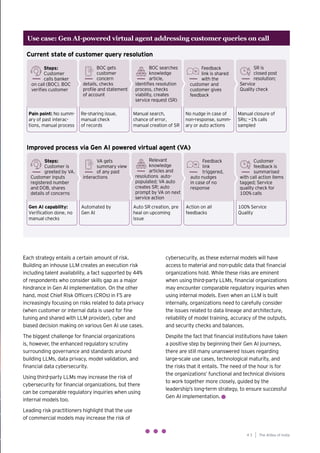 43
Generative AI survey report |
Each strategy entails a certain amount of risk.
Building an inhouse LLM creates an execution risk
including talent availability, a fact supported by 44%
of respondents who consider skills gap as a major
hindrance in Gen AI implementation. On the other
hand, most Chief Risk Officers (CROs) in FS are
increasingly focusing on risks related to data privacy
(when customer or internal data is used for fine
tuning and shared with LLM provider), cyber and
biased decision making on various Gen AI use cases.
The biggest challenge for financial organizations
is, however, the enhanced regulatory scrutiny
surrounding governance and standards around
building LLMs, data privacy, model validation, and
financial data cybersecurity.
Using third-party LLMs may increase the risk of
cybersecurity for financial organizations, but there
can be comparable regulatory inquiries when using
internal models too.
Leading risk practitioners highlight that the use
of commercial models may increase the risk of
cybersecurity, as these external models will have
access to material and non-public data that financial
organizations hold. While these risks are eminent
when using third-party LLMs, financial organizations
may encounter comparable regulatory inquiries when
using internal models. Even when an LLM is built
internally, organizations need to carefully consider
the issues related to data lineage and architecture,
reliability of model training, accuracy of the outputs,
and security checks and balances.
Despite the fact that financial institutions have taken
a positive step by beginning their Gen AI journeys,
there are still many unanswered issues regarding
large-scale use cases, technological maturity, and
the risks that it entails. The need of the hour is for
the organizations’ functional and technical divisions
to work together more closely, guided by the
leadership’s long-term strategy, to ensure successful
Gen AI implementation.
Use case: Gen AI-powered virtual agent addressing customer queries on call
Current state of customer query resolution
Improved process via Gen AI powered virtual agent (VA)
The AIdea of India
4 3
 