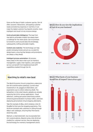 45
Generative AI survey report |
Retail: How do you view the implications
of Gen AI on your business?
Q
Retail: What facets of your business
would Gen AI impact? (Mark all that apply)
Q
Gone are the days of static customer queries. Gen AI
offers dynamic interactions, anticipating customer
needs and tailoring responses in real-time. It can
make the digital customer touchpoints smarter, more
intelligent and result in truly inclusive design.  
Unstructured data intelligence: The leap from
raw data to actionable insights has always been
a challenge for the retail sector. Gen AI promises
to transform unstructured data into knowledge,
subsequently crafting actionable insights.
Content and creativity: The technology can help
predict emerging trends and act as a co-pilot for
design teams, ensuring that designs and promotions
are always a step ahead.
Intelligent process automation: All process-
heavy steps in the value chain such as inventory
management, supply chain logistics, and customer
service can benefit from heightened Auto-GPT
capabilities enabled through Gen AI.
Marching to retail’s new beat
The World Economic Forum’s projections underscore
Gen AI's transformative potential. Current retail
investments in AI, pegged at US$5 billion, are
expected to soar to US$31 billion by 2028. The
bellwethers in the retail industry globally are already
exploring Gen AI for various applications – fraud
detection, crafting persuasive advertising content,
enhancing personalization in product offers, and even
deploying personalized virtual shopping attendants.  
Take the example of eBay, which employs a Gen AI
ShopBot to fine-tune the shopping experience. This
AI-driven assistant aids customers in sifting through
eBay's vast catalogue, ensuring they find exactly
what they seek.  
Walmart, a retail behemoth, has incorporated Gen
AI in several spheres. Beyond using a Gen AI-driven
chatbot for customer service, they are deploying
the technology for inventory management and to
The AIdea of India
4 5
 