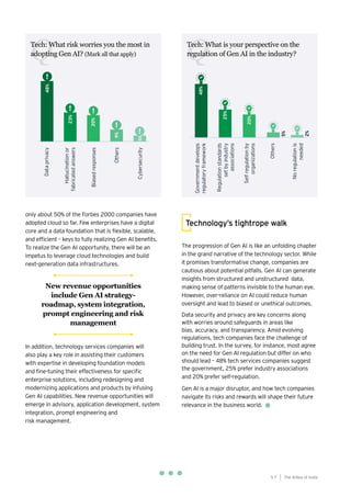 57
Generative AI survey report |
only about 50% of the Forbes 2000 companies have
adopted cloud so far. Few enterprises have a digital
core and a data foundation that is flexible, scalable,
and efficient – keys to fully realizing Gen AI benefits.
To realize the Gen AI opportunity, there will be an
impetus to leverage cloud technologies and build
next-generation data infrastructures.
In addition, technology services companies will
also play a key role in assisting their customers
with expertise in developing foundation models
and fine-tuning their effectiveness for specific
enterprise solutions, including redesigning and
modernizing applications and products by infusing
Gen AI capabilities. New revenue opportunities will
emerge in advisory, application development, system
integration, prompt engineering and
risk management.
Technology’s tightrope walk
The progression of Gen AI is like an unfolding chapter
in the grand narrative of the technology sector. While
it promises transformative change, companies are
cautious about potential pitfalls. Gen AI can generate
insights from structured and unstructured data,
making sense of patterns invisible to the human eye.
However, over-reliance on AI could reduce human
oversight and lead to biased or unethical outcomes.
Data security and privacy are key concerns along
with worries around safeguards in areas like
bias, accuracy, and transparency. Amid evolving
regulations, tech companies face the challenge of
building trust. In the survey, for instance, most agree
on the need for Gen AI regulation but differ on who
should lead – 48% tech services companies suggest
the government, 25% prefer industry associations
and 20% prefer self-regulation.
Gen AI is a major disruptor, and how tech companies
navigate its risks and rewards will shape their future
relevance in the business world.
Tech: What is your perspective on the
regulation of Gen AI in the industry?
Q
Tech: What risk worries you the most in
adopting Gen AI? (Mark all that apply)
Q
The AIdea of India
5 7
New revenue opportunities
include Gen AI strategy-
roadmap, system integration,
prompt engineering and risk
management
 