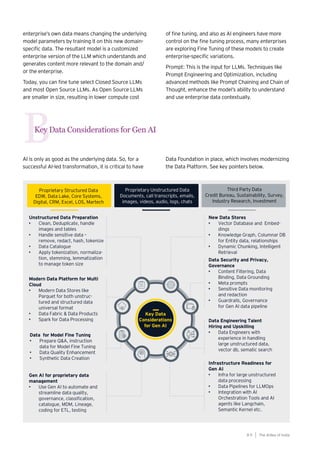 89
Generative AI survey report |
Key Data Considerations for Gen AI
B
enterprise’s own data means changing the underlying
model parameters by training it on this new domain-
specific data. The resultant model is a customized
enterprise version of the LLM which understands and
generates content more relevant to the domain and/
or the enterprise.
Today, you can fine tune select Closed Source LLMs
and most Open Source LLMs. As Open Source LLMs
are smaller in size, resulting in lower compute cost
of fine tuning, and also as AI engineers have more
control on the fine tuning process, many enterprises
are exploring Fine Tuning of these models to create
enterprise-specific variations.
Prompt: This is the input for LLMs. Techniques like
Prompt Engineering and Optimization, including
advanced methods like Prompt Chaining and Chain of
Thought, enhance the model’s ability to understand
and use enterprise data contextually.
AI is only as good as the underlying data. So, for a
successful AI-led transformation, it is critical to have
Data Foundation in place, which involves modernizing
the Data Platform. See key pointers below.
The AIdea of India
8 9
 