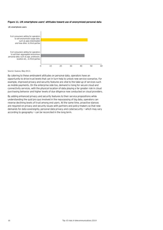 16 Top 10 risks in telecommunications 2014
Figure 11. UK smartphone users’ attitudes toward use of anonymized personal data
Source: Guavus, May 2013.
By catering to these ambivalent attitudes on personal data, operators have an
opportunity to drive trust levels that can in turn help to unlock new service scenarios. For
example, improved privacy and security features are vital to the take-up of services such
as mobile payments. On the enterprise side too, demand is rising for secure cloud and
connectivity services, with the physical location of data playing a far greater role in cloud
purchasing behavior and higher levels of due diligence now conducted on cloud providers.
By adding enhanced privacy and security features to their service propositions while
understanding the quid pro quo involved in the repurposing of big data, operators can
reverse declining levels of trust among end users. At the same time, proactive stances
are required on privacy and security issues with partners and policy-makers so that new
demands for data sovereignty, personal data privacy and cybersecurity — which may vary
according to geography — can be reconciled in the long term.
0 10 20 30 40 50 60
% of consumers willing for operators
to sell anonymized usage data,
such as apps downloaded
and how often, to third parties
% of consumers willing for operators
to sell their aggregated anonymous
personal data; such as age, profession,
location etc., to third parties
UK smartphone users
 