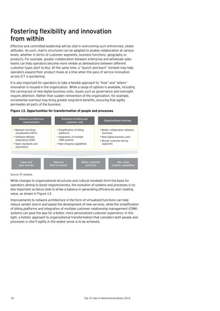 18 Top 10 risks in telecommunications 2014
Fostering	flexibility	and	innovation	
from within
Effective and committed leadership will be vital in overcoming such entrenched, siloed
attitudes. As such, matrix structures can be adapted to enable collaboration at various
levels, whether in terms of customer segments, business functions, geography or
products. For example, greater collaboration between enterprise and wholesale sales
teams can help operators become more nimble as delineations between different
customer types start to blur. At the same time, a “launch and learn” mindset may help
operators expand their product mixes at a time when the pace of service innovation
across ICT is quickening.
It	is	also	important	for	operators	to	take	a	flexible	approach	to	“how”	and	“where”	
innovation is housed in the organization. While a range of options is available, including
the carving-out of new digital business units, issues such as governance and oversight
require attention. Rather than sudden reinvention of the organization, for example,
incremental	overhaul	may	bring	greater	long-term	benefits,	ensuring	that	agility	
permeates all parts of the business.
Figure 13. Opportunities for transformation of people and processes
Source: EY analysis.
While changes to organizational structures and cultural mindsets form the basis for
operators aiming to boost responsiveness, the evolution of systems and processes is no
less	important	as	telcos	look	to	strike	a	balance	in	generating	efficiencies	and	creating	
value, as shown in Figure 13.
Improvements to network architecture in the form of virtualized functions can help
reduce	vendor	lock-in	and	speed	the	development	of	new	services,	while	the	simplification	
of billing platforms and integration of multiple customer relationship management (CRM)
systems can pave the way for a better, more personalized customer experience. In this
light, a holistic approach to organizational transformation that considers both people and
processes is vital if agility in the widest sense is to be achieved.
Evolution of billing and
customer care
Network architecture
improvements
Organizational overhaul
• Network functions
virtualization (NFV)
• Software-deﬁned
networking (SDN)
• Open standards and
automation
• Simpliﬁcation of billing
platforms
• Integration of multiple
CRM systems
• New charging capabilities
• Better collaboration between
functions
• New digital business units
• Revisit customer-facing
segments
Capex and
opex savings
Reduced
time-to-market
Better customer
centricity
New value
creation capabilities
 