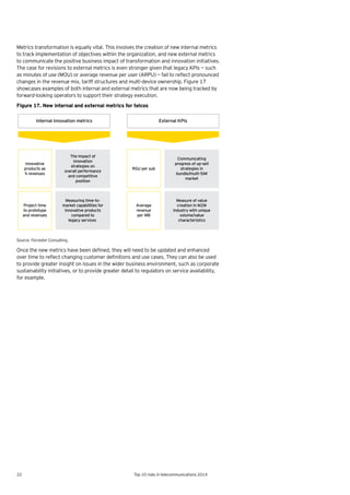 22 Top 10 risks in telecommunications 2014
Metrics transformation is equally vital. This involves the creation of new internal metrics
to track implementation of objectives within the organization, and new external metrics
to communicate the positive business impact of transformation and innovation initiatives.
The	case	for	revisions	to	external	metrics	is	even	stronger	given	that	legacy	KPIs	—	such	
as	minutes	of	use	(MOU)	or	average	revenue	per	user	(ARPU)	—	fail	to	reflect	pronounced	
changes in the revenue mix, tariff structures and multi-device ownership. Figure 17
showcases examples of both internal and external metrics that are now being tracked by
forward-looking operators to support their strategy execution.
Figure 17. New internal and external metrics for telcos
Source: Forrester Consulting.
Once	the	new	metrics	have	been	defined,	they	will	need	to	be	updated	and	enhanced	
over	time	to	reflect	changing	customer	definitions	and	use	cases.	They	can	also	be	used	
to provide greater insight on issues in the wider business environment, such as corporate
sustainability initiatives, or to provide greater detail to regulators on service availability,
for example.
Internal innovation metrics External KPIs
Communicating
progress of up-sell
strategies in
bundle/multi-SIM
market
RGU per sub
Innovative
products as
% revenues
The impact of
innovation
strategies on
overall performance
and competitive
position
Measure of value
creation in M2M
industry with unique
volume/value
characteristics
Average
revenue
per MB
Project time
to prototype
and revenues
Measuring time-to-
market capabilities for
innovative products
compared to
legacy services
 