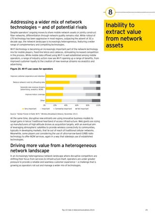 25Top 10 risks in telecommunications 2014
8
Addressing a wider mix of network
technologies — and of potential rivals
Despite operators’ ongoing moves to share mobile network assets or jointly construct
fiber	networks,	differentiation	through	network	quality	remains	vital.	While	rollout	of	
LTE technology has been aggressive in most regions, outpacing the advent of 3G a
decade ago, the network landscape is increasingly heterogeneous, featuring a wider
range of complementary and competing technologies.
Wi-Fi technology is becoming an increasingly important part of the network technology
mix	for	mobile	players,	fixed-line	telcos	and	cablecos,	stimulating	increased	competition	
in	the	process.	While	mobile	data	offload	using	Wi-Fi	is	well	established	among	mobile	
operators,	a	range	of	industry	actors	now	see	Wi-Fi	opening	up	a	range	of	benefits,	from	
improved customer loyalty to the creation of new revenue streams via analytics and
advertising.
Figure 20. Wi-Fi use cases for operators
Inability to
extract value
from network
assets
Source:	“Global	Trends	in	Public	Wi-Fi,”	Wireless	Broadband	Alliance,	November	2013.
At the same time, disruptive new entrants are using innovative business models to
target gains in telcos’ traditional heartland of access infrastructure. Web giants are sizing
up manufacturers of high-altitude drones as acquisition targets, with an eventual aim
of leveraging atmospheric satellites to provide wireless connectivity to communities,
typically in developing markets, that lie out of reach of traditional cellular networks.
Meanwhile, some players are considering the use of ultra-narrow-band (UNB) radio
technology to offer M2M services, again in a way that sidesteps use of established
technologies.
Driving more value from a heterogeneous
network landscape
In an increasingly heterogeneous network landscape where disruptive competitors are
shifting their focus from services to infrastructure itself, operators are under greater
pressure to provide a reliable and seamless customer experience — a challenge that is
growing as operators roll out and manage a wider mix of technologies.
0% 20% 40% 60% 80% 100%
Other
Improve indoor coverage
Generate new revenue streams
(advertising, analytics, M2M)
Reduce network costs by ofﬂoading data
Improve customer experience and retention
Very important Important Somewhat important Not important
 