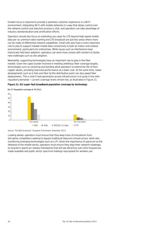 26 Top 10 risks in telecommunications 2014
Greater focus is required to provide a seamless customer experience in a Wi-Fi
environment. Integrating Wi-Fi with mobile networks in a way that allows control over
the network control and selection process is vital, and operators can take advantage of
industry	standardization	and	certification	efforts.	
Operators should also focus on extending use cases for LTE beyond high-speed mobile
data per se: premium data roaming and LTE broadcast are just two areas where more
can be made of differential network capabilities. Small cells also have a more important
role to play to support reliable mobile data connectivity in both an indoor and outdoor
environment, particularly for enterprises. While issues such as interference have
historically held back adoption, operators can work more closely with vendors to tackle
new challenges such as site adoption.
Meanwhile,	supporting	technologies	have	an	important	role	to	play	in	the	fiber	
market.	Given	the	capex	burden	involved	in	meeting	ambitious	fiber	coverage	targets,	
technologies such as vectoring and bonding allow operators to extend the life of their
copper assets, providing improved performance at a lower cost. At the same time, newer
developments	such	as	G.Fast	and	fiber-to-the-distribution	point	can	also	speed	fiber	
deployments. This is vital if next-generation access infrastructure is to grow in line with
regulatory demands — current coverage levels remain low, as illustrated in Figure 21.
Figure 21. EU super-fast broadband population coverage by technology
Source: “EU NGA Scorecard,” European Commission, November 2013.
Looking ahead, operators must ensure that they keep track of innovations from
disruptive competitors seeking to bypass traditional telecoms infrastructure, while also
monitoring emerging technologies such as Li-Fi. Given the importance of spectrum as the
lifeblood of the mobile sector, operators must ensure they align their network roadmaps
to long-term spectrum release frameworks that will see attractive sub-1GHz frequencies
made available and public sector spectrum holdings repurposed for wireless use.
0
10
20
30
40
50
60
EU overall EU rural areas
NGA VDSL DOCSIS 3.0 cable FTTP
EU-27 Population coverage at YE 2012
 