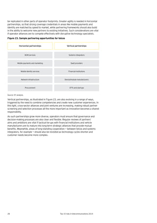 28 Top 10 risks in telecommunications 2014
be replicated in other parts of operator footprints. Greater agility is needed in horizontal
partnerships, so that strong coverage credentials in areas like mobile payments and
identity are matched by speed to market, while partnering frameworks should also build
in the ability to welcome new partners to existing initiatives. Such considerations are vital
if operator alliances are to compete effectively with disruptive technology specialists.
Figure 23. Sample partnering opportunities for telcos
Source: EY analysis.
Vertical partnerships, as illustrated in Figure 23, are also evolving in a range of ways,
triggered by the need to combine competencies and create new customer experiences. In
this light, cross-sector alliances and joint ventures are increasing, making robust partner
screening and selection processes all the more important as innovation becomes a shared
responsibility.
As such partnerships grow more diverse, operators must ensure that governance and
decision-making	processes	are	also	clear	and	flexible.	Regular	reviews	of	partners’	
aims	and	ambitions	are	vital	if	tactical	tie-ups	with	financial	institutions	and	vehicle	
manufacturers are to mature into long-term strategic alliances that provide mutual
benefits.	Meanwhile,	areas	of	long-standing	cooperation	—	between	telcos	and	systems	
integrators, for example — should also be revisited as technology cycles shorten and
customer needs become more complex.
Horizontal partnerships Vertical partnerships
Mobile payments and marketing SaaS providers
M2M services Systems integrators
Procurement OTTs and startups
Mobile identity services Financial institutions
Network infrastructure Device/module manufacturers
 