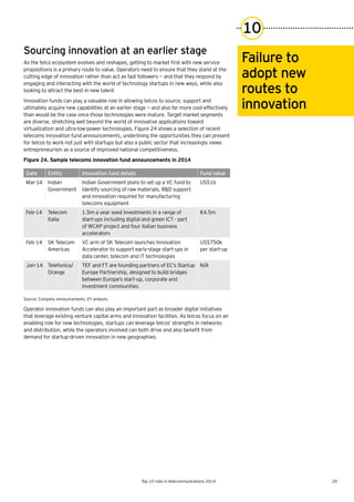 29Top 10 risks in telecommunications 2014
10
Sourcing innovation at an earlier stage
As	the	telco	ecosystem	evolves	and	reshapes,	getting	to	market	first	with	new	service	
propositions is a primary route to value. Operators need to ensure that they stand at the
cutting edge of innovation rather than act as fast followers — and that they respond by
engaging and interacting with the world of technology startups in new ways, while also
looking to attract the best in new talent
Innovation funds can play a valuable role in allowing telcos to source, support and
ultimately acquire new capabilities at an earlier stage — and also far more cost-effectively
than would be the case once those technologies were mature. Target market segments
are diverse, stretching well beyond the world of innovative applications toward
virtualization and ultra-low-power technologies. Figure 24 shows a selection of recent
telecoms innovation fund announcements, underlining the opportunities they can present
for telcos to work not just with startups but also a public sector that increasingly views
entrepreneurism as a source of improved national competitiveness.
Figure 24. Sample telecoms innovation fund announcements in 2014
Failure to
adopt new
routes to
innovation
Source: Company announcements, EY analysis.
Operator innovation funds can also play an important part as broader digital initiatives
that leverage existing venture capital arms and innovation facilities. As telcos focus on an
enabling role for new technologies, startups can leverage telcos’ strengths in networks
and	distribution,	while	the	operators	involved	can	both	drive	and	also	benefit	from	
demand for startup-driven innovation in new geographies.
Date Entity Innovation fund details Fund value
Mar-14 Indian
Government
Indian Government plans to set up a VC fund to
identify sourcing of raw materials, R&D support
and innovation required for manufacturing
telecoms equipment
US$1b
Feb-14 Telecom
Italia
1.5m a year seed investments in a range of
start-ups including digital and green ICT - part
of	WCAP	project	and	four	Italian	business	
accelerators
€4.5m
Feb-14 SK Telecom
Americas
VC arm of SK Telecom launches Innovation
Accelerator to support early-stage start-ups in
data center, telecom and IT technologies
US$750k
per start-up
Jan-14 Telefonica/
Orange
TEF and FT are founding partners of EC’s Startup
Europe	Partnership,	designed	to	build	bridges	
between Europe’s start-up, corporate and
investment communities
N/A
 