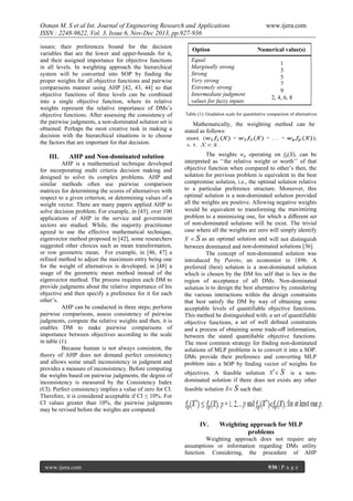 Osman M. S et al Int. Journal of Engineering Research and Applications
ISSN : 2248-9622, Vol. 3, Issue 6, Nov-Dec 2013, pp.927-936
issues; their preferences bound for the decision
variables that are the lower and upper-bounds for it,
and their assigned importance for objective functions
in all levels. In weighting approach the hierarchical
system will be converted into SOP by ﬁnding the
proper weights for all objective functions and pairwise
comparisons manner using AHP [42, 43, 44] so that
objective functions of three levels can be combined
into a single objective function, where its relative
weights represent the relative importance of DMs’s
objective functions. After assessing the consistency of
the pairwise judgments, a non-dominated solution set is
obtained. Perhaps the most creative task in making a
decision with the hierarchical situations is to choose
the factors that are important for that decision.

III.

AHP and Non-dominated solution

AHP is a mathematical technique developed
for incorporating multi criteria decision making and
designed to solve its complex problems. AHP and
similar methods often use pairwise comparison
matrices for determining the scores of alternatives with
respect to a given criterion, or determining values of a
weight vector. There are many papers applied AHP to
solve decision problem. For example, in [45], over 100
applications of AHP in the service and government
sectors are studied. While, the majority practitioner
agreed to use the effective mathematical technique,
eigenvector method proposed in [42], some researchers
suggested other choices such as mean transformation,
or row geometric mean. For example, in [46, 47] a
refined method to adjust the maximum entry being one
for the weight of alternatives is developed; in [48] a
usage of the geometric mean method instead of the
eigenvector method. The process requires each DM to
provide judgments about the relative importance of his
objective and then specify a preference for it for each
other’s.
AHP can be conducted in three steps; perform
pairwise comparisons, assess consistency of pairwise
judgments, compute the relative weights and then, it is
enables DM to make pairwise comparisons of
importance between objectives according to the scale
in table (1).
Because human is not always consistent, the
theory of AHP does not demand perfect consistency
and allows some small inconsistency in judgment and
provides a measure of inconsistency. Before computing
the weights based on pairwise judgments, the degree of
inconsistency is measured by the Consistency Index
(CI). Perfect consistency implies a value of zero for CI.
Therefore, it is considered acceptable if CI ≤ 10%. For
CI values greater than 10%, the pairwise judgments
may be revised before the weights are computed.

Option

www.ijera.com

Numerical value(s)

Equal
Marginally strong
Strong
Very strong
Extremely strong
Intermediate judgment
values for fuzzy inputs

1
3
5
7
9
2, 4, 6, 8

Table (1): Gradation scale for quantitative comparison of alternatives

Mathematically, the weighting method can be
stated as follows:

The weights wp operating on fp(X), can be
interpreted as ‘‘the relative weight or worth’’ of that
objective function when compared to other’s then, the
solution for previous problem is equivalent to the best
compromise solution, i.e., the optimal solution relative
to a particular preference structure. Moreover, this
optimal solution is a non-dominated solution provided
all the weights are positive. Allowing negative weights
would be equivalent to transforming the maximizing
problem to a minimizing one, for which a diﬀerent set
of non-dominated solutions will be exist. The trivial
case where all the weights are zero will simply identify
X  S as an optimal solution and will not distinguish
between dominated and non-dominated solutions [36].
The concept of non-dominated solution was
introduced by Pareto, an economist in 1896. A
preferred (best) solution is a non-dominated solution
which is chosen by the DM his self that is lies in the
region of acceptance of all DMs. Non-dominated
solution is to design the best alternative by considering
the various interactions within the design constraints
that best satisfy the DM by way of obtaining some
acceptable levels of quantifiable objective functions.
This method be distinguished with; a set of quantifiable
objective functions, a set of well deﬁned constraints
and a process of obtaining some trade-oﬀ information,
between the stated quantiﬁable objective functions.
The most common strategy for ﬁnding non-dominated
solutions of MLP problems is to convert it into a SOP.
DMs provide their preference and converting MLP
problem into a SOP by ﬁnding vector of weights for
*
objectives. A feasible solution X  S is a nondominated solution if there does not exists any other
feasible solution X S such that:

IV.

Weighting approach for MLP
problems

Weighting approach does not require any
assumptions or information regarding DMs utility
function. Considering, the procedure of AHP
www.ijera.com

930 | P a g e

 