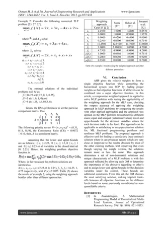 Osman M. S et al Int. Journal of Engineering Research and Applications
ISSN : 2248-9622, Vol. 3, Issue 6, Nov-Dec 2013, pp.927-936
Example 2: Consider the following numerical TLP
problem [23, 27, 32];

max f1 ( X )  7 x1  3x2  4 x3  2 x 4
x 1, x 2

,
where x 3 and

x 4 solve:

max f 2 ( X )  x2  3x3  4 x4 ,
x3

where

x 4 solves:

max f 3 ( X )  2 x1  x2  x3  x 4
x4

st: x1+ x2+ x3+x4≤ 5,
x1+ x2 - x3 –x4≤ 2,
x1+ x2+ x3 ≥ 1,
-x1+ x2+ x3 ≤ 1,
x1- x2+ x3+2x4≤ 4,
x1+2x3+3x4≤ 3,
x4≤ 2,
x1, x2, x3, x4  0.
The optimal solutions of the individual
problems will be as;
f1=16.25 at (2.25, 0, 0, 0.25),
f2=5 at (1, 0, 1, 0) and
f3=5 at (1.33, 1.5, 0.83, 0).
Given, the DMs preferences to set the pairwise
comparison matrix, B as:

The following priority vector W=(w1,w2,w3)T = (0.31,
0.11, 0.58), the Consistency Ratio (CR) = 0.0072
˂0.10, then, B is a consistent matrix.
Assuming that the lower and upper-bounds
are as follows; 1≤ x1 ≤ 2.25, 0 ≤ x2 ≤ 1.5, 0 ≤ x3 ≤ 1
and 0≤ x4≤ 0.25 or all variables in the closed interval
[0, 2.25]. Hence, the weighting problem objective
function is:

Where, in the two cases the problem solutions are
identical as:
X=(x1, x2, x3, x4) = (2.25, 0, 0, 0.25), f1, f2, f3 = 16.25, 1,
4.75 respectively, with P(w)=7.9025. Table (5) shows
the results of example 2, using the weighting approach
besides other three different approaches.

x1
x2
x3
x4
f1
f2
f3
μ(f1)
μ(f2)
μ(f3)

www.ijera.com

Weighting
approach
Cases (1 & 2)
2.2500
0.0000
0.0000
0.2500
16.2500
1.0000
4.7500
1.0000
0.2000
0.9500

Sinha
[27]

Shih et al.
[23]

1.5900
1.0800
0.6200
0.0600
12.0100
3.18000
4.9400
0.0680
0.0080
0.0000

1.6400
0.9800
0.6800
0.0000
11.7000
3.0200
4.9400
1.0000
1.0000
1.0000

Surapati
et al.
[32]
0.8570
1.8570
0.0000
0.7140
13.0000
4.7100
4.2800
0.7110
0.9280
0.7600

Table (5): example 2 results using the weighted approach and other
different approaches

VI.

Conclusion

AHP gives the relative weights to form a
single objective function while converting the
hierarchical system into SOP by finding proper
weights so that objective functions of all levels can be
combined into a super objective function. In this
article, a compromise weighted approach is applied to
solve MLP problem with testing the applicability of
the weighting approach for the MLP case, checking
the outputs accuracy of applying the weighting
approach in MLP problems by comparing the results
with other applied approaches and the approach was
applied on the MLP problem throughout two different
cases; equal and unequal (individual values) lower and
upper-bounds for the decision variables values for
each decision maker in his level. The approach can be
applicable as satisfactory or an approximation solution
for; ML fractional programming problems and
nonlinear MLP problems. The proposed approach is
effective tool for finding a satisfactory (near optimal)
solution where it can produces results which are very
close or improved to the results obtained by most of
the other existing methods with observing that even
though varying the weight vectors, the solutions
remain more or less the same. This approach
determines a set of non-dominated solutions and
unique characteristic of a MLP problem is with this
approach reflected by allowing each DM to determine
the importance of his objective regarding to other’s
and to assign lower and upper-bounds for the decision
variables under his control. These bounds are
additional constraints. From this set, the DM chooses
the most satisfying solution, making implicit tradeoffs between all objective functions on the different
levels based on some previously un-indicated or nonquantifiable criteria.

REFERENCES
[1]

www.ijera.com

G.
Anandalingam,
A
Mathematical
Programming Model of Decentralized MultiLevel Systems, Journal of Operational
Research Society, 39 (11) (1988) 1021–1033.
934 | P a g e

 