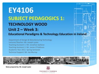EY4106SUBJECT PEDAGOGICS 1:TECHNOLOGY WOODUnit 2 – Week 3:Educational Paradigms & Technology Education in Ireland Department of Design & Manufacturing Technology Lecturer/Teacher: Mr. Joseph Lyster  Teaching Assistant 1: Mr. Jonathan Spillane Teaching Assistant 2: Mr. James O’Halloran Academic Year 2011: Spring Semester Technical Support: Mr. Joe Murray Notes prepared by: Mr. Joseph Lyster 
