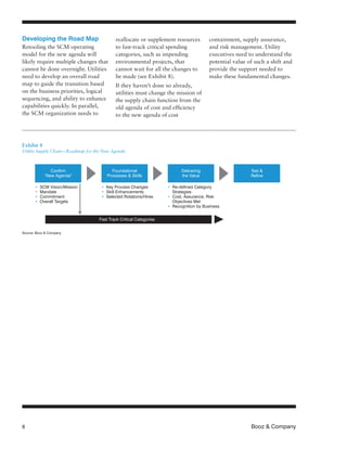 8	 Booz & Company
reallocate or supplement resources
to fast-track critical spending
categories, such as impending
environmental projects, that
cannot wait for all the changes to
be made (see Exhibit 8).
If they haven’t done so already,
utilities must change the mission of
the supply chain function from the
old agenda of cost and efficiency
to the new agenda of cost
Developing the Road Map
Retooling the SCM operating
model for the new agenda will
likely require multiple changes that
cannot be done overnight. Utilities
need to develop an overall road
map to guide the transition based
on the business priorities, logical
sequencing, and ability to enhance
capabilities quickly. In parallel,
the SCM organization needs to
Confirm
“New Agenda”
Foundational
Processes & Skills
Delivering
the Value
Test &
Refine
• SCM Vision/Mission
• Mandate
• Commitment
• Overall Targets
• Key Process Changes
• Skill Enhancements
• Selected Rotations/Hires
• Re-defined Category
Strategies
• Cost, Assurance, Risk
Objectives Met
• Recognition by Business
Fast Track Critical Categories
Exhibit 8
Utility Supply Chain—Roadmap for the New Agenda
Source: Booz & Company
containment, supply assurance,
and risk management. Utility
executives need to understand the
potential value of such a shift and
provide the support needed to
make these fundamental changes.
 