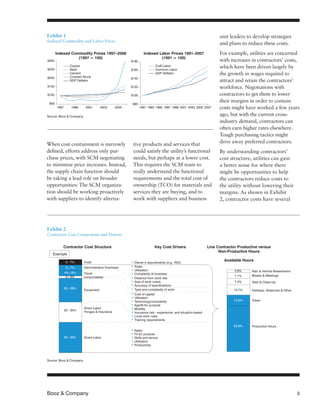 Booz & Company	 3
When cost containment is narrowly
defined, efforts address only pur-
chase prices, with SCM negotiating
to minimize price increases. Instead,
the supply chain function should
be taking a lead role on broader
opportunities: The SCM organiza-
tion should be working proactively
with suppliers to identify alterna-
tive products and services that
could satisfy the utility’s functional
needs, but perhaps at a lower cost.
This requires the SCM team to
really understand the functional
requirements and the total cost of
ownership (TCO) for materials and
services they are buying, and to
work with suppliers and business
unit leaders to develop strategies
and plans to reduce these costs.
For example, utilities are concerned
with increases in contractors’ costs,
which have been driven largely by
the growth in wages required to
attract and retain the contractors’
workforce. Negotiations with
contractors to get them to lower
their margins in order to contain
costs might have worked a few years
ago, but with the current cross-
industry demand, contractors can
often earn higher rates elsewhere.
Tough purchasing tactics might
drive away preferred contractors.
By understanding contractors’
cost structure, utilities can gain
a better sense for where there
might be opportunities to help
the contractors reduce costs to
the utility without lowering their
margins. As shown in Exhibit
2, contractor costs have several
Exhibit 1
Indexed Commodity and Labor Prices
Source: Booz & Company
Exhibit 2
Contractor Cost Components and Drivers
Source: Booz & Company
Indexed Commodity Prices 1997–2006
(1997 = 100)
Indexed Labor Prices 1991–2007
(1991 = 100)
$50
$100
$150
$200
$250
$300
1997 1999 2001 2003
$80
$100
$120
$140
$160
$180
1991 1993 1995 1997 1999 2001 2003 2005 2007
Copper
Steel
Cement
Crushed Stone
GDP Deflator
Craft Labor
Common Labor
GDP Deflator
2005
Contractor Cost Structure Line Contractor Productive versus
Non-Productive Hours
Available HoursProfit0−7%
5−7%
4%−8%
0−3%
20−28%
20−25%
30−35%
Administrative Overhead
Travel
Consumables
Equipment
Direct Labor
Fringes & Insurance
Direct Labor
• Scale
• Utilization
• Complexity of business
• Owner’s requirements (e.g., ROI)
• Distance from work site
• Size of work crews
• Accuracy of specifications
• Type and complexity of work
• Cost of capital
• Utilization
• Technology/complexity
• Age/fit for purpose
• Mobility
• Insurance risk—experience- and situation-based
• Local work rules
• Training requirements
• Rates
• Fit for purpose
• Skills and tenure
• Utilization
• Productivity
Key Cost Drivers
13.7%
13.6%
7.4%
7.1%
2.6%
55.6%
Holidays, Absences & Other
Travel
Start & Clean-Up
Breaks & Meetings
Rain & Vehicle Breakdowns
Productive Hours
Example
 