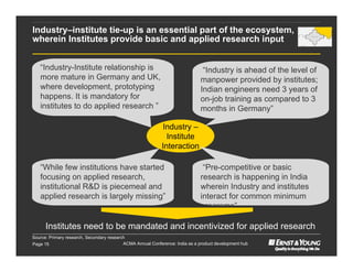 Industry–institute tie-up is an essential part of the ecosystem,
wherein Institutes provide basic and applied research input
                                                                                                                                 Product Development Ecosystem




                                                                                                           Government policies




   “Industry-Institute relationship is                                         “Industry is ahead of the level of
   more mature in Germany and UK,                                             manpower provided by institutes;
   where development, prototyping                                             Indian engineers need 3 years of
   happens. It is mandatory for                                               on-job training as compared to 3
   institutes to do applied research ”                                        months in Germany”

                                                             Industry –
                                                              Institute
                                                            Interaction

   “While few institutions have started                                        “Pre-competitive or basic
   focusing on applied research,                                              research is happening in India
   institutional R&D is piecemeal and                                         wherein Industry and institutes
   applied research is largely missing”                                       interact for common minimum
                                                                              programs”

      Institutes need to be mandated and incentivized for applied research
Source: Primary research, Secondary research
Page 15                                    ACMA Annual Conference: India as a product development hub
 