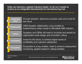 India can become a global industry leader, to do so it needs to
evolve as an integrated development & manufacturing hub



       Leadership     Provide direction, determine evolution path and invest for
A        vision       the future

                      OEM-Supplier collaboration a key enabler to
B Collaboration
                      build/enhance Indian model of affordable R&D solution

                      Suppliers and OEMs will need to inculcate and absorb an
C         Culture
                      organization-wide design and innovation culture

                      Invest for the future, to achieve higher levels of
D Profitability
                      profitability and customer satisfaction

                      Ecosystem is a key enabler; need to enhance deployment
E Ecosystem
                      monitoring, applied research, testing facilities


Source: EY Analysis
Page 19                     ACMA Annual Conference: India as a product development hub
 