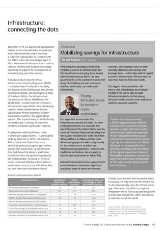 Infrastructure:
connecting the dots

                                                            Viewpoint
both in terms of accelerating intra-African
trade and investment and in creating                        Mobilizing savings for infrastructure
a coherent regional bloc to compete with
the BRICs, what will ultimately bring it to                     Brian Molefe, CEO, Transnet
life is investment in infrastructure — both to
connect markets and to generate enough                      Africa requires spending of more than            overseas. We’re going to have to think
electricity to support the development of                   US$90b a year on its infrastructure but          carefully about our own savings and
manufacturing and other sectors.                            this investment is not going to be funded        leverage those — rather than wait for capital
                                                            from external sources alone. Our own             to arrive from overseas. Africans need to
A study conducted by the Africa                             governments on the continent have to find        take their fate into their own hands.
Infrastructure Country Diagnostic (AICD)                    a way of mobilizing our own savings so
— a partnership of institutions including                   that we, as Africans, can make such              Our biggest risk is pessimism. We
the African Union Commission, the African                   investments.                                     have a host of challenges but I remain
Development Bank, the Development Bank                                                                       confident. We will be able to build
of Southern Africa, the Infrastructure                                            Young                      infrastructure but to do that young
Consortium for Africa, NEPAD and the                                              Africans need              Africans need to become more audacious:
World Bank — reveals that the continent’s                                                                    audacity, audacity, audacity.
infrastructure lags behind other developing                                       to become
regions. When comparing low-income                                                more
sub-Saharan African countries to other
low-income countries, the gap is all too
                                                                                  audacious
evident. This is particularly so in the density             It is important to remember that                   Transnet recently announced
of paved roads, coverage of telephone                       infrastructure around the world has been           a R300b (approximately US$40b)
landlines and power-generation capacity.                    led by governments. For example, the               infrastructure investment program
                                                            electrification of the United States was the       aimed at a major shift from road to
A comparison with South Asia — with                         result of President Roosevelt deciding that        rail transport, significant expansion
a similar per capita income — is particularly               the country needed to be 100% electrified.         of port and pipeline infrastructure
striking. Whereas in 1970, sub-Saharan                      Africa will have to follow a similar route.        and dramatic improvement in export
Africa had almost three times more                          We are not going to be able to rely heavily        capacity for coal and iron ore. About
electricity generating capacity per million                 on the private sector to deliver our               R200b of the funding will be from
people than South Asia, by 2000 South                       infrastructure programmes — not even the           operating cash flow, with the balance
Asia had moved far ahead — and it now                       traditional institutions. We are going to          of the capital requirement financed
has almost twice the generating capacity                    have to look to ourselves to deliver this.         through bond issuances, commercial
per million people. Similarly, in terms of                                                                     paper, bank loans and a combination
paved roads and telephone lines, Africa’s                   Most African countries have a government           of FDI, export credit agency capital
stocks were once on a par with South Asia,                  pension fund and these have significant            and term notes.
but over time have also fallen behind.                      resources, some of which are invested

Africa's infrastructure deficit
                                                                                                             Clearly some decisive and focused action is
                Normalized units                      sub-Saharan       Other      sub-Saharan Africa as
                                                       Africa low-   low-income     percentage of other      necessary not only to arrest the decline but
                                                    income countries countries     low-income countries      to also dramatically close the infrastructure
                                                           30           134                 22%              gap. Otherwise, any efforts at regional
                                                          137           211                 65%              integration will do little to accelerate growth
                                                           10            78                 13%              in trade and investment, either intra-Africa
                                                           55            76                 72%              or with the rest of the world.
                                                            2             3                 67%
Generation capacity (MW per 1 million people)              37           326                 11%
                                                                                                             Source: Africa Infrastructure, A Time for
Electricity coverage (% of housholds with access)          16            41                 39%              Transformation; Africa Infrastructure Country
Improved water (% of housholds with access)                60            72                 83%              Diagnostic (AICD) - The International Bank for
                                                                                                             Reconstruction and Development / The World
Improved sanitation (% of housholds with access)           34            51                 67%              Bank, 2010.



                                                                                     Ernst & Young's 2012 Africa attractiveness survey Building bridges       41
 