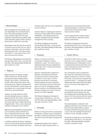 A radical tactical shift: Africans leading from the front




   Mozambique                                       Christian south, will serve as an impediment    witnessed in the recent peaceful transfer
                                                    to some investors.                              of presidential power. A range of economic
After emerging from two decade of civil                                                             reforms have also fostered a stable
war, Mozambique has consistently been               However, Nigeria is making great strides in     macroeconomic climate.
one of the fastest growing economies                many areas, with notable reform initiatives
in the world for longer than ten years.                                                             Further improvements could be made in
                                                                                                    terms of healthcare, education and the
to the education system and the country’s           management of the economy.                      business environment.
infrastructure, albeit from a low base.

Mozambique’s key attraction for investors           average about US$23b p.a. over the next         average about US$1.4b p.a. over the next
is resources such as coal, iron ore, and, in
particular, natural gas, reserves of which          jobs created as a result.                       jobs created as a result.
already stand at over 127b cubic meters.
From 2003-11, more than 2/3rds of FDI
went into extractive activities.                            Rwanda                                     South Africa
                                                    Relative to many of its African                 South Africa (SA) is Africa’s largest
average about US$1.4b p.a. over the next            counterparts, Rwanda’s resource                 economy, it has a sizable domestic market
                                                    endowment is poor; the country has no           with growing levels of disposable income,
jobs created as a result.                                                                           a comparatively well-educated labor force,
                                                    and its labor force is small and relatively     and an institutional environment that is
                                                    poorly educated.                                conducive toward business.
     Nigeria
                                                    However, offsetting these negatives is          SA’s substantial resource endowment
Nigeria has been the largest recipient              Rwanda’s institutional environment.             has meant that South Africa has been a
of FDI in Africa over the last decade,              The government has actively tackled             popular destination for FDI for a number
with announcements totaling almost                  corruption in recent years, and the             of decades. This trend has continued over
USUS$116b in 2003-11 (around 9.0%                   business environment is extremely               the period 2003-11, although FDI capital
of GDP). 80% of that FDI has been in the            friendly. Rwanda has been among the
oil and gas sector. Nigeria’s substantial oil       fastest reforming countries in the world,       into oil rich countries like Nigeria and
reserves will continue to attract funds over        and is not only the 3rd highest ranked          Angola.
the medium term, and we expect the bulk             African country on the World Bank Doing
of FDI to be concentrated here.                     Business rankings, but is also in the top
                                                    quartile of countries globally.                 and capital investing capacity, but also
However, the large domestic market
and diversifying economy is creating                                                                nature of the SA economy, with the service
opportunities for FDI in other sectors such         average about US$450m p.a. over the             sectors now contributing more than 65%
                                                                                                    to GDP.
real estate and tourism will provide plenty         new jobs created as a result.
of opportunities. There is also a large and
relatively cheap labor force to draw on.
                                                            Senegal                                 directed toward (generally less capital
                                                                                                    intensive) manufacturing and services. As
to its secondary school enrolment but               Relative to many of its African counterparts,   a result, SA is the leading FDI destination
there is still potential to do more. Weak           Senegal has a sizable resource endowment.       in Africa in terms of project numbers.
infrastructure and relatively high corruption       We expect continued investment in mineral
will limit some of its growth potential.            extraction to form the bulk of Senegal's FDI
                                                                                                    average about US$10b p.a. over the next
In addition, political risk factors relating to
recent terrorist activity and the potential for                                                     new jobs created as a result.
civil unrest between the Muslim north and           democratic system of government, as




50    Ernst & Young's 2012 Africa attractiveness survey Building bridges
 