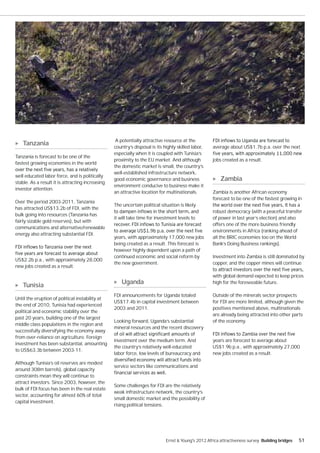 A potentially attractive resource at the
   Tanzania                                       country’s disposal is its highly skilled labor,    average about US$1.7b p.a. over the next
                                                  especially when it is coupled with Tunisia’s
Tanzania is forecast to be one of the
                                                  proximity to the EU market. And although           jobs created as a result.
fastest growing economies in the world
                                                  the domestic market is small, the country’s
                                                  well-established infrastructure network,
well educated labor force, and is politically
stable. As a result it is attracting increasing
                                                  good economic governance and business                  Zambia
                                                  environment conducive to business make it
investor attention.
                                                  an attractive location for multinationals.         Zambia is another African economy
                                                                                                     forecast to be one of the fastest growing in
Over the period 2003-2011, Tanzania
                                                  The uncertain political situation is likely
has attracted US$13.2b of FDI, with the
                                                                                                     robust democracy (with a peaceful transfer
bulk going into resources (Tanzania has
                                                  it will take time for investment levels to         of power in last year’s election) and also
fairly sizable gold reserves), but with
                                                                                                     offers one of the more business friendly
communications and alternative/renewable
                                                                                                     environments in Africa (ranking ahead of
energy also attracting substantial FDI.
                                                  years, with approximately 17,000 new jobs          all the BRIC economies too on the World
                                                  being created as a result. This forecast is        Bank’s Doing Business rankings).
                                                  however highly dependent upon a path of
                                                  continued economic and social reform by            Investment into Zambia is still dominated by
US$2.2b p.a., with approximately 28,000
                                                  the new government.                                copper, and the copper mines will continue
new jobs created as a result.

                                                                                                     with global demand expected to keep prices

   Tunisia                                            Uganda                                         high for the foreseeable future.

                                                  FDI announcements for Uganda totaled               Outside of the minerals sector prospects
Until the eruption of political instability at
                                                  US$17.4b in capital investment between             for FDI are more limited, although given the
the end of 2010, Tunisia had experienced
                                                  2003 and 2011.                                     positives mentioned above, multinationals
political and economic stability over the
                                                                                                     are already being attracted into other parts
past 20 years, building one of the largest
                                                  Looking forward, Uganda’s substantial              of the economy.
middle class populations in the region and
                                                  mineral resources and the recent discovery
successfully diversifying the economy away
from over-reliance on agriculture. Foreign
                                                  investment over the medium term. And               years are forecast to average about
investment has been substantial, amounting
                                                  the country’s relatively well-educated             US$1.9b p.a., with approximately 27,000
to US$63.3b between 2003-11.
                                                  labor force, low levels of bureaucracy and         new jobs created as a result.

Although Tunisia’s oil reserves are modest
                                                  service sectors like communications and
around 308m barrels), global capacity
constraints mean they will continue to
attract investors. Since 2003, however, the
                                                  Some challenges for FDI are the relatively
bulk of FDI focus has been in the real estate
                                                  weak infrastructure network, the country’s
sector, accounting for almost 60% of total
                                                  small domestic market and the possibility of
capital investment.
                                                  rising political tensions.




                                                                             Ernst & Young's 2012 Africa attractiveness survey Building bridges   51
 
