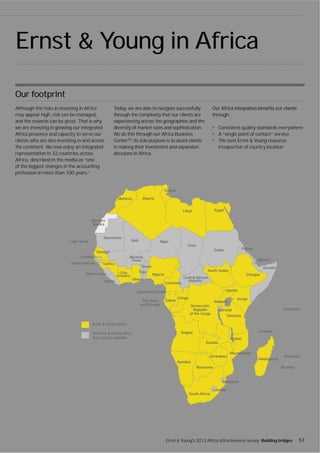 Ernst & Young in Africa

Our footprint
Although the risks in investing in Africa            Today, we are able to navigate successfully
may appear high, risk can be managed,                through the complexity that our clients are                             through:
and the rewards can be great. That is why            experiencing across the geographies and the
we are investing in growing our integrated           diversity of market sizes and sophistication.                              Consistent quality standards everywhere
Africa presence and capacity to serve our            We do this through our Africa Business                                     A “single point of contact” service
clients who are also investing in and across         CenterTM: its sole purpose is to assist clients                            The best Ernst & Young resource
the continent. We now enjoy an integrated            in making their investment and expansion                                   irrespective of country location
representation in 32 countries across                decisions in Africa.
Africa, described in the media as “one
of the biggest changes in the accounting
profession in more than 100 years.”


                                                                                          Tunisia

                                                        Morocco             Algeria


                                                                                                         Libya               Egypt

                                       Western
                                       Sahara


                                              Mauritania
                          Cape Verde                               Mali                 Niger
                                                                                                           Chad
                                                                                                                             Sudan                Eritrea
                                           Senegal
                                Gambia                             Burkina
                                                                    Fasso                                                                                   Djibouti
                           Guinea-Bissau      Guinea
                                                                            Benin                                                                              Somalia
                                                                          Togo                                          South Sudan
                                   Sierre Leone          Côte                       Nigeria
                                                        d'Ivoire                                                                                    Ethiopia
                                                                    Ghana                                Central African
                                              Liberia                                                       Republic
                                                                                              Cameroon

                                                                      Equatorial Guinea                                              Uganda

                                                                                                      Congo                                 Kenya
                                                                           Sao Tome           Gabon                          Rwanda
                                                                          and Principe                        Democratic
                                                                                                                Republic        Burundi                                   Seychelles
                                                                                                              of the Congo
                                                                                                                                       Tanzania



                                                                                                        Angola                                              Comoros
                                                                                                                                         Malawi
                                                                                                                       Zambia

                                                                                                                                        Mozambique
                                                                                                                           Zimbabwe                                       Mauritius
                                                                                                                                                            Madagascar
                                                                                                      Namibia
                                                                                                                  Botswana                                               Reunion


                                                                                                                                 Swaziland

                                                                                                                             Lesotho
                                                                                                              South Africa




                                                                                              Ernst & Young's 2012 Africa attractiveness survey Building bridges                   57
 