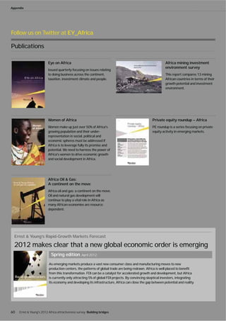 Appendix




Follow us on Twitter at EY_Africa

Publications

                          Eye on Africa                                                                    Africa mining investment
                                                                                                           environment survey
                          Issued quarterly focusing on issues relating
                          to doing business across the continent,                                          This report compares 13 mining
                          taxation, investment climate and people.                                         African countries in terms of their
                                                                                                           growth potential and investment
                                                                                                           environment.




                          Women of Africa                                                         Private equity roundup — Africa
                          Women make up just over 50% of Africa's                                 PE roundup is a series focusing on private
                          growing population and their under-                                     equity activity in emerging markets.
                          representation in social, political and
                          economic spheres must be addressed if
                          Africa is to leverage fully its promise and
                          potential. We need to harness the power of
                          Africa's women to drive economic growth
                          and social development in Africa.




                          Africa Oil & Gas:
                          A continent on the move
                          Africa oil and gas: a continent on the move.
                          Oil and natural gas development will
                          continue to play a vital role in Africa as
                          many African economies are resource
                          dependent.




  Ernst & Young’s Rapid-Growth Markets Forecast

  2012 makes clear that a new global economic order is emerging
                            Spring edition, April 2012

                          As emerging markets produce a vast new consumer class and manufacturing moves to new
                          production centers, the patterns of global trade are being redrawn. Africa is well placed to benefit
                          from this transformation. FDI can be a catalyst for accelerated growth and development, but Africa
                          is currently only attracting 5% of global FDI projects. By convincing skeptical investors, integrating
                          its economy and developing its infrastructure, Africa can close the gap between potential and reality.




60   Ernst & Young's 2012 Africa attractiveness survey Building bridges
 