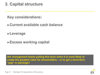 Page 13 Vital Signs: EY perspectives on life sciences
3. Capital structure
Key considerations:
►Current available cash balance
►Leverage
►Excess working capital
Are management teams pulling this lever when it is most likely to
create the greatest value for shareholders – or to get a short-term
“pop” in earnings?
 
