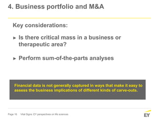 Page 16 Vital Signs: EY perspectives on life sciences
4. Business portfolio and M&A
Key considerations:
► Is there critical mass in a business or
therapeutic area?
► Perform sum-of-the-parts analyses
Financial data is not generally captured in ways that make it easy to
assess the business implications of different kinds of carve-outs.
 