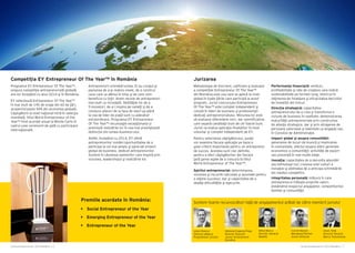 Cartea Antreprenorilor 2014 România | 7Cartea Antreprenorilor 2014 România | 6
Programul EY Entrepreneur Of The Year™,
singura competiţie antreprenorială globală,
are loc începând cu anul 2014 şi în România.
EY selectează Entrepreneur Of The Year™
în mai mult de 145 de oraşe din 60 de ţări,
acoperind peste 94% din economia globală.
Câştigătorii la nivel naţional intră în selecţia
mondială, titlul World Entrepreneur of the
Year™ fiind acordat anual la Monte Carlo în
cadrul unei ceremonii de gală cu participare
internaţională.
Premiile acordate în România:
• Entrepreneur of the Year
• Emerging Entrepreneur of the Year
• Social Entrepreneur of the Year
Iulian Stanciu
Director eMag şi
Preşedintele Juriului
Ștefania Eugenia Popp
Director Executiv
Junior Achievement
România
Cornel Marian
Managing Partner
Oresa Ventures
Omer Tetik
Director General
Banca Transilvania
Mihai Marcu
Director General
Medlife
JurizareaCompetiţia EY Entrepreneur Of The Year™ în România
Metodologia de înscriere, calificare şi evaluare
a competiţiei Entrepreneur Of The Year™
din România este cea care se aplică la nivel
global în toate ţările care participă la acest
program. Juriul concursului Entrepreneur
Of The Year™ este complet independent şi
constă în lideri de business şi profesionişti
dedicaţi antreprenoriatului. Misiunea lor este
să evalueze diferenţele mici, dar semnificative,
care separă candidaţii buni de cei foarte buni.
Juriul va evalua aplicaţia finaliştilor în mod
voluntar şi complet independent de EY.
Suntem foarte recunoscători faţă de angajamentul arătat de către membrii juriului
Pentru selectarea câştigătorului, juraţii
vor examina fiecare aplicaţie pe baza a
şase criterii importante pentru un antreprenor
de succes. Acestea sunt clar definite,
pentru a oferi câştigătorilor din fiecare
ţară şanse egale de a concura la titlul
World Entrepreneur of The Year™:
Spiritul antreprenorial: determinarea,
viziunea şi riscurile calculate şi asumate pentru
a obţine succesul, dar şi capacitatea de a
depăşi dificultăţile şi eşecurile.
Antreprenorii schimbă lumea. Ei au curajul şi
pasiunea de a-şi realiza visele, de a construi
ceva care va dăinui în timp şi de care vom
beneficia cu toţii. Avem nevoie de antreprenori
mai mult ca niciodată. Abilităţile lor de a
fi inovatori, de a-i inspira pe ceilalţi şi de a
conduce afaceri de la faza de start-up până
la cea de lider de piaţă sunt cu adevărat
extraordinare. Programul EY Entrepreneur
Of The Year™ recunoaşte excepţionalul și
premiază realizările lor în cea mai prestigioasă
distincție din lumea business-ului.
Astfel, începând cu 2014, EY oferă
antreprenorilor români oportunitatea de a
participa la cel mai amplu şi apreciat proiect
global de business, dedicat antreprenorilor.
Suntem în căutarea oamenilor care inspiră prin
viziunea, leadershipul şi realizările lor.
Performanţa financiară: venituri,
profitabilitate şi rate de creştere care indică
sustenabilitate pe termen lung; istoricul în
obţinerea de finanţare şi eficacitatea deciziilor
de investiţii din trecut.
Direcţia strategică: capacitatea
antreprenorului de a crea şi transforma o
viziune de business în realitate; demonstrarea
maturităţii antreprenoriale prin construirea
de alianţe strategice, dar şi prin atragerea de
persoane valoroase şi talentate ca angajaţi sau
în Consiliul de Administraţie.
Impact global şi asupra comunităţii:
generarea de locuri de muncă și implicarea
în comunitate, efectul asupra stării generale
economice a comunităţii; activităţi de export
sau prezenţă în mai multe pieţe.
Inovaţia: capacitatea de a dezvolta abordări
sau tehnologii noi; crearea unei culturi a
inovaţiei şi abilitatea de a anticipa schimbările
din mediul competitiv.
Integritatea personală: măsura în care
antreprenorul trăieşte propriile valori,
dobândind respectul angajaţilor, competitorilor,
familiei şi comunităţii.
 