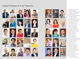 Cartea Antreprenorilor 2014 România | 9Cartea Antreprenorilor 2014 România | 8
1.	 Dragoș Anastasiu, Eurolines Group
2.	 Mircea Androne, Metatools
3.	 Lucian Anghel, Building Support Services
4.	 Simona Baciu, Transylvania College
5.	 Cristi Badea, MavenHut
6.	 Remus Aurel Benţa, DAW Benţa România
7.	 Teodor Blidăruș, Softelligence
8.	 Florin Dănilă, Cumpăna 1993
9.	 Ion şi Marinela Drăgoi, PET Star Holding
10.	 Dan Faţi, Grupul de companii Dacris
11.	 Teia Gavrilescu, Atelierul de Pânză
12.	 Bogdan Georgescu, Bookster
13.	 Genoveva Hossu, Primera Interiors
14.	 Rucsandra Hurezeanu, Ivatherm
15.	 Isabelle Iacob, Help Net Farma
16.	 Cristian Ionescu, Baurom Construct
17.	 Mihai Logofătu, Bittnet Systems
18.	 Mălin Mălineanu, New Concept Travel
19.	 Istvan Mar, Asociația Fructul Secuiesc
20.	 Adrian Mihai, FAN Courier
21.	 Daniel Mocanu, DAAS Impex
22.	 Samy Numan, Nimet
23.	 Laila Onu, Fundaţia Pentru Voi
24.	 Ciprian Oprea, MCA Group
25.	 Voicu Oprean, AROBS Transilvania Software
26.	 Patrick Ouriaghli, Ateliere Fără Frontiere
27.	 Corina Păcuraru, Perfect Tour
28.	 Carmina Paraschiv, Ana şi Cornel
29.	 Oana Păun, Impact Hub
30.	 Dragoş Petrescu, Grupul City Grill
31.	 Andrei Poştoacă, Clintelica
32.	 Cristina Săvuică, Lugera & Makler
33.	 Mihai Sofian, Rematholding
34.	 Alice Stavride, Concordia Development
35.	 Marius Ştefan, Autonom Rent a Car
36.	 Felix Tătaru, GMP Group
37.	 Daniel Truică, Vola.ro
38.	 Bogdan Tudor, Class IT Outsourcing
39.	 Mircea Tudor, MB Telecom
40.	 Anca Vlad, Grupul Fildas Catena
1 2 3 4 5 6 7 8
9 10 11 12 13 14 15 16
17 18 19 20 21 22 23 24
25 26 27 28 29 30 31 32
33 34 35 36 37 38 39 40
Candidaţii EY Entrepreneur Of The Year™ România 2014
 
