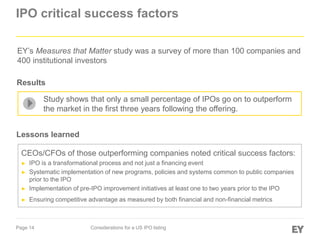 Page 14 Considerations for a US IPO listing
IPO critical success factors
CEOs/CFOs of those outperforming companies noted critical success factors:
► IPO is a transformational process and not just a financing event
► Systematic implementation of new programs, policies and systems common to public companies
prior to the IPO
► Implementation of pre-IPO improvement initiatives at least one to two years prior to the IPO
► Ensuring competitive advantage as measured by both financial and non-financial metrics
EY’s Measures that Matter study was a survey of more than 100 companies and
400 institutional investors
Study shows that only a small percentage of IPOs go on to outperform
the market in the first three years following the offering.
Lessons learned
Results
 