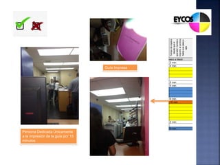 Tiempo
de
espera
para
el
uso
de
las
computadoras
y
selección
de
archivos.
Tiempo
de
espera
hasta
ser
atendidos
una
vez
colocado
el
archivo
en
las
distintas
carpetas.
Tiempo
de
espera
desde
que
el
operador
manda
a
imprimir
el
archivo
hasta
que
pasa
a
caja.
Tiempo
de
espera
para
cancelar
la
impresión
en
caja.
Cliente
1 0 min 30 min 3 min 1 min
2 0 min 32 min 4 min 2 min
3 0 min
4 0 min
5 0 min
6 0 min
7 0 min 43 min 5 min 2 min
8 0 min 35 min 5 min 3 min
9 0 min
10 0 min
11 0 min
12 0 min 38 min 6 min 2 min
13 0 min 37 min 15 min 2 min
14 0 min
15 0 min
16 0 min
17 0 min
18 0 min
19 0 min 42 min 2 min 2 min
20 0 min
Tiempo Promedio 37 min 6 min 2 min
Parámetro a Medir
Persona Dedicada Únicamente
a la impresión de la guía por 15
minutos
Guía Impresa
 