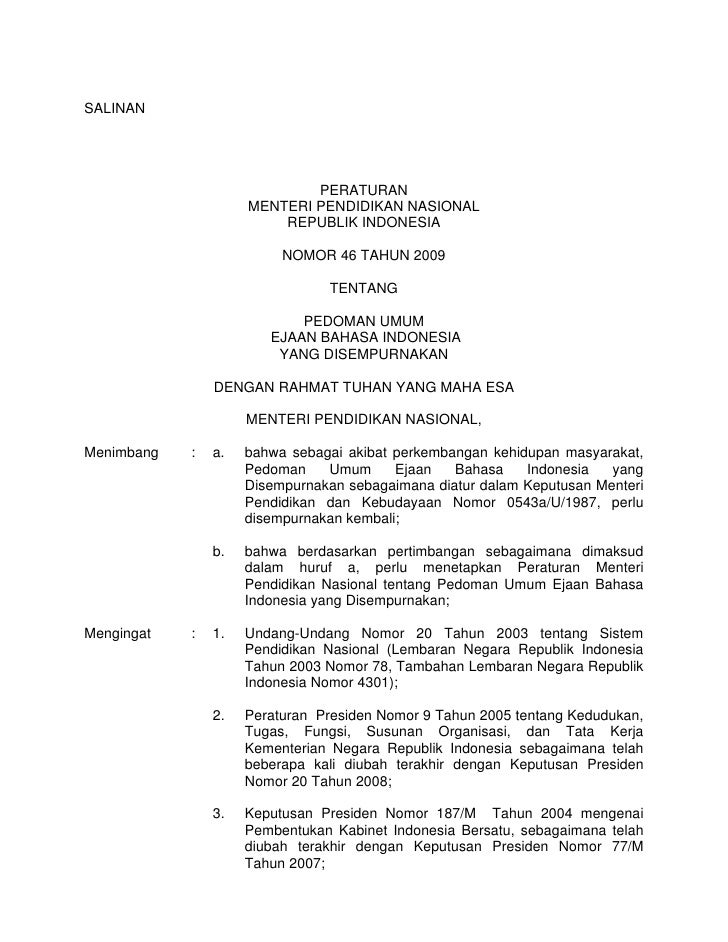 Ejaan Yang Disempurnakan Permendiknas 46/2009