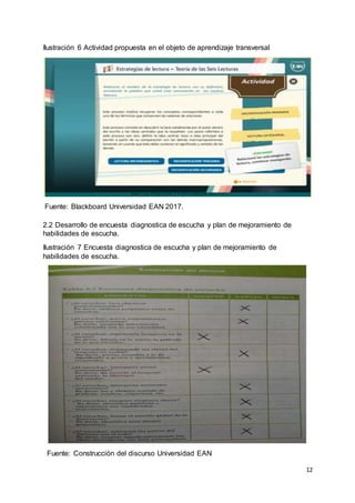12
Ilustración 6 Actividad propuesta en el objeto de aprendizaje transversal
Fuente: Blackboard Universidad EAN 2017.
2.2 Desarrollo de encuesta diagnostica de escucha y plan de mejoramiento de
habilidades de escucha.
Ilustración 7 Encuesta diagnostica de escucha y plan de mejoramiento de
habilidades de escucha.
Fuente: Construcción del discurso Universidad EAN
 