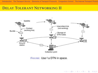 Introduction The Transport Service Elements of Transport Protocols Congestion Control The Internet Transport Protocols: DELAY TOLERANT NETWORKING II 
602 THE TRANSPORT LAYER CHAP. 6 
bundle (or a portion of a bundle) is sent to a ground station. The bundles are then 
sent over a backhaul terrestrial network to the collection point to complete the 
transfer. 
Intermittent link 
(not working) 
Storage at 
DTN nodes 
Satellite 
Contact 
Bundle (working link) 
Ground 
station 
Collection point 
Figure 6-57. Use of a DTN in space. 
FIGURE: Use f a DTN in space. 
The primary advantage of the DTN architecture in this example is that it nat-urally 
fits the situation of the satellite needing to store images because there is no 
connectivity at the time the image is taken. There are two further advantages. 
First, there may be no single contact long enough to send the images. However, 
 