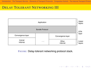 Fig. 6-58 that the Bundle protocol runs above the level of TCP/IP. In other words, 
TCP/IP may be used over each contact to move bundles between DTN nodes. 
This positioning raises the issue of whether the Bundle protocol is a transport 
layer protocol or an application layer protocol. Just as with RTP, we take the 
position that, despite running over a transport protocol, the Bundle protocol is pro-viding 
Introduction The Transport Service Elements of Transport Protocols Congestion Control The Internet Transport Protocols: DELAY TOLERANT NETWORKING III 
a transport service to many different applications, and so we cover DTNs 
in this chapter. 
Application 
Bundle Protocol 
Convergence layer 
TCP/IP 
Internet 
Convergence layer 
.... Other 
internet 
Upper 
layers 
DTN 
layer 
Lower 
layers 
Figure 6-58. Delay-tolerant networking protocol stack. 
FIGURE: Delay-tolerant networking protocol stack. 
In Fig. 6-58, we see that the Bundle protocol may be run over other kinds of 
protocols such as UDP, or even other kinds of internets. For example, in a space 
network the links may have very long delays. The round-trip time between Earth 
and Mars can easily be 20 minutes depending on the relative position of the 
planets. Imagine how well TCP acknowledgements and retransmissions will work 
over that link, especially for relatively short messages. Not well at all. Instead, 
 