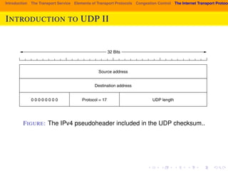 Introduction The Transport Service Elements of Transport Protocols Congestion Control The Internet Transport Protocols: INTRODUCTION SEC. 6.4 THE INTERNET TRANSPORT PROTOCOLS: UDP 543 
is different but analogous TO UDP for IPv6. II 
Including the pseudoheader in the UDP 
checksum computation helps detect misdelivered packets, but including it also 
violates the protocol hierarchy since the IP addresses in it belong to the IP layer, 
not to the UDP layer. TCP uses the same pseudoheader for its checksum. 
32 Bits 
Source address 
Destination address 
0 0 0 0 0 0 0 0 Protocol = 17 UDP length 
Figure 6-28. The IPv4 pseudoheader included in the UDP checksum. 
FIGURE: The IPv4 pseudoheader included in the UDP checksum.. 
It is probably worth mentioning explicitly some of the things that UDP does 
not do. It does not do flow control, congestion control, or retransmission upon 
receipt of a bad segment. All of that is up to the user processes. What it does do 
is provide an interface to the IP protocol with the added feature of demultiplexing 
multiple processes using the ports and optional end-to-end error detection. That is 
all it does. 
For applications that need to have precise control over the packet flow, error 
 