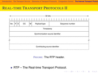 Introduction The Transport Service Elements of Transport Protocols Congestion Control The Internet Transport Protocols: REAL-SEC. TIME 6.4 TTRHAE INNTSEPRONERTTTRPANRSOPOTROT CPROOTLOSCOILIS: UDP 549 
32 bits 
Ver. P X M Payload type Sequence number 
Timestamp 
Synchronization source identifier 
Contributing source identifier 
CC 
Figure 6-31. The RTP header. 
FIGURE: The RTP header. 
The CC field tells how many contributing sources are present, from 0 to 15 
(see below). The M bit is an application-specific marker bit. It can be used to 
mark the start of a video frame, the start of a word in an audio channel, or some-thing 
RTP – The Real-time Transport Protocol. 
else that the application understands. The Payload type field tells which en-coding 
algorithm has been used (e.g., uncompressed 8-bit audio, MP3, etc.). 
Since every packet carries this field, the encoding can change during transmission. 
 
