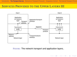 layer that does the work is called the transport entity. The transport entity can 
be located in the operating system kernel, in a library package bound into network 
applications, in a separate user process, or even on the network interface card. 
The first two options are most common on the Internet. The (logical) relationship 
of the network, transport, and application layers is illustrated in Fig. 6-1. 
Introduction The Transport Service Elements of Transport Protocols Congestion Control The Internet Transport Protocols: SERVICES PROVIDED TO THE UPPER LAYERS III 
Host 1 Host 2 
Application/transport 
interface 
Transport/network 
interface 
Application 
(or session) 
layer 
Transport 
entity 
Transport 
address 
Network 
address 
Network layer 
Application 
(or session) 
layer 
Transport 
entity 
Network layer 
Segment 
Transport 
protocol 
Figure 6-1. The network, transport, and application layers. 
FIGURE: The network transport and application layers.. 
Just as there are two types of network service, connection-oriented and con-nectionless, 
there are also two types of transport service. The connection-oriented 
transport service is similar to the connection-oriented network service in many 
 