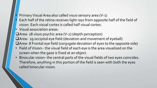 • PrimaryVisual Area also called visuo sensory area (V-1)
• Each half of the retina receives light rays from opposite half of the field of
vision. Each visual cortex is called half visual cortex.
• Visual association areas-
Area- 18 visuo psychic area (V-2) (depth perception)
Area- 19 occipital eye field (deviation and movement of eyeball)
Area- 8 Frontal eye field (conjugate deviation of eyes to the opposite side)
• Field ofVision:- the visual field of each eye is the area visualized on the
screen when the gaze is fixed at an object.
• Binocular vision- the central parts of the visual fields of two eyes coincides.
Therefore, anything in this portion of the field is seen with both the eyes
called binocular vision.
 